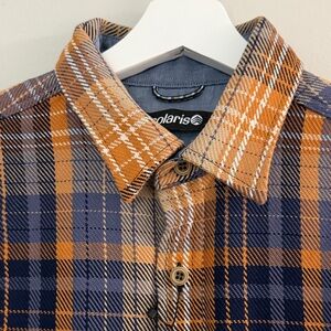 SOLARIS Men Medium Flannel Plaid Orange Navy Button Up New